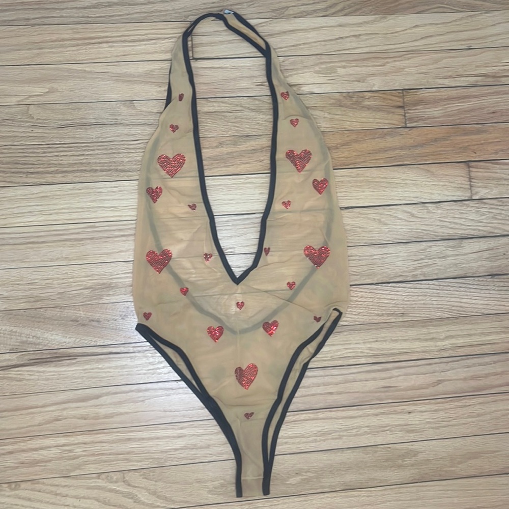 Dbleudazzled Hand Crystal Hearts Mesh Bodysuit
